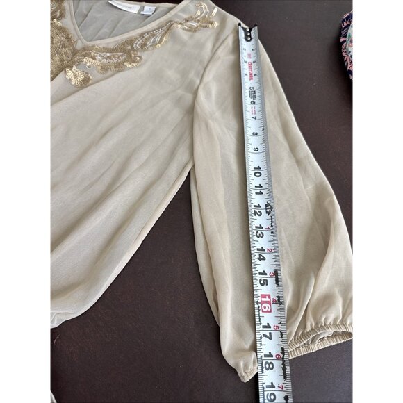 Chicos Beige Sheer Blouse Sequin Embellished Neckline & Cinched Waist Size M - Picture 9 of 12